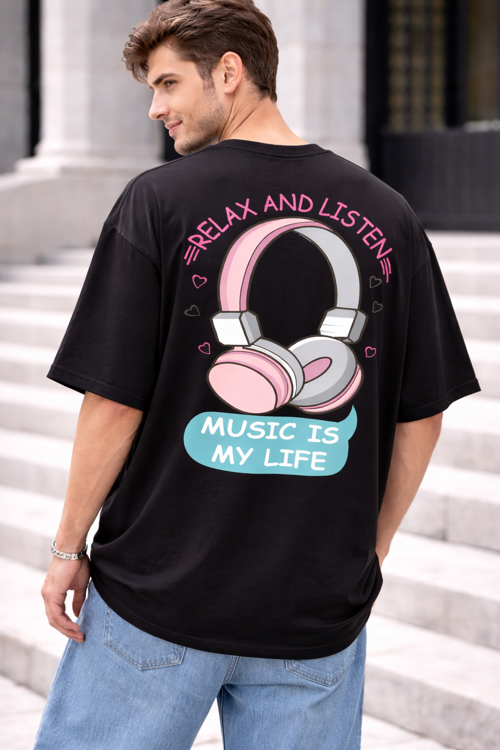 Relax & Listen – Oversized Black T-Shirt