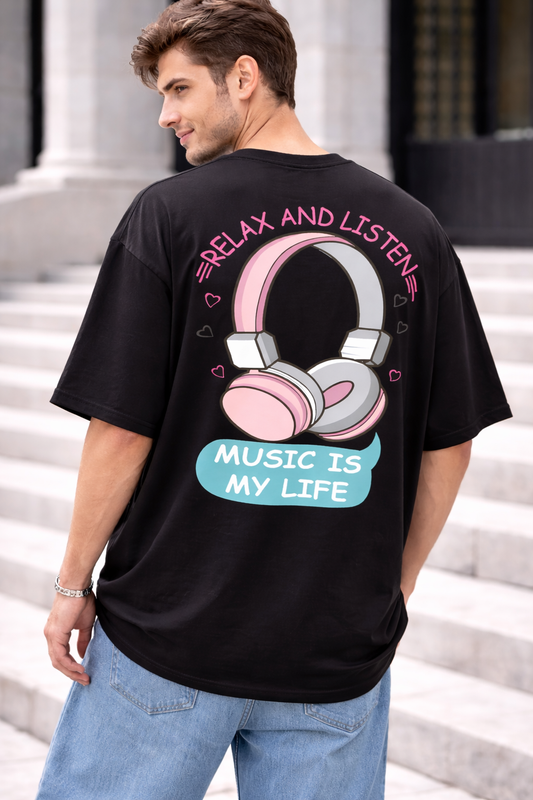 Relax & Listen – Oversized Black T-Shirt