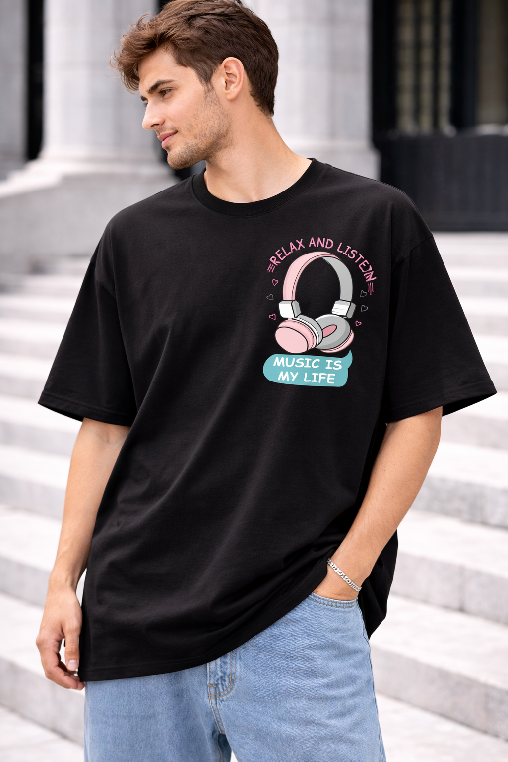 Relax & Listen – Oversized Black T-Shirt